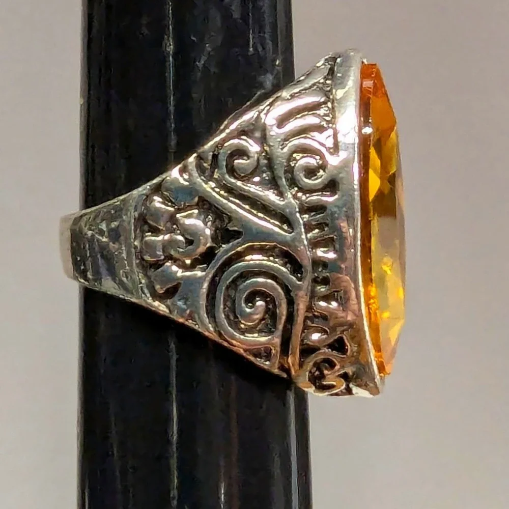 SilverTone Marquise Faceted Yellow Citrine November Statement Ring Plus‎ Size 11
